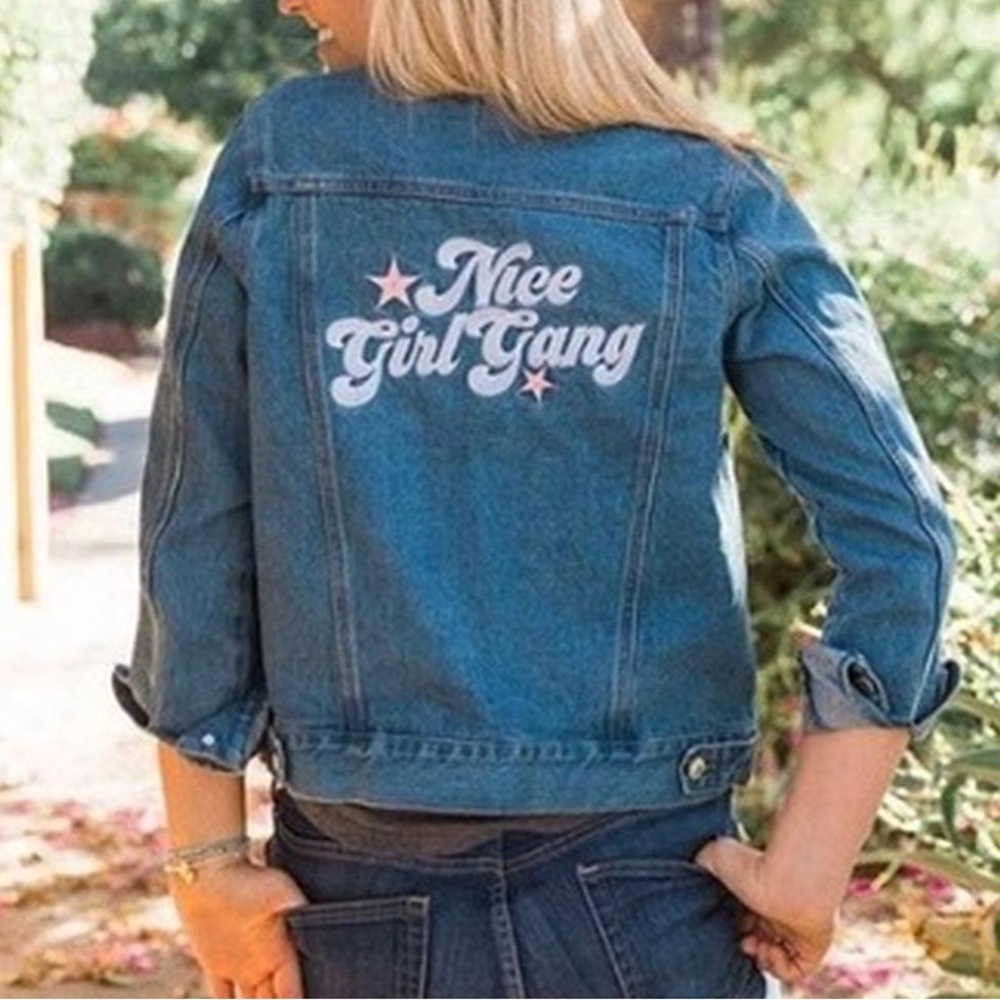 Little Word Project. Rare Blue Jean Jacket. Embroidered Nice Girl Gang on Back.